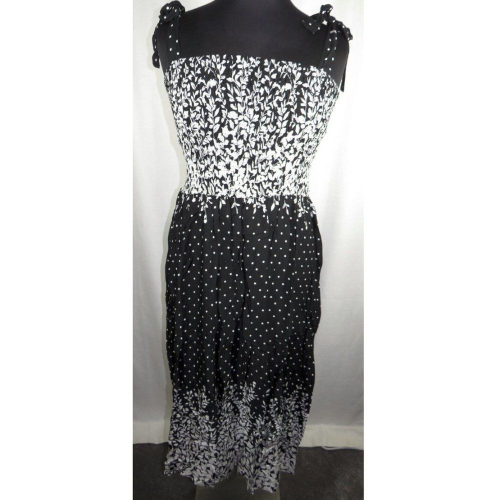 Zenobia Black White Floral Polka Dot Smocked Maxi Sun Dress Plus Size 3X - Picture 3 of 9